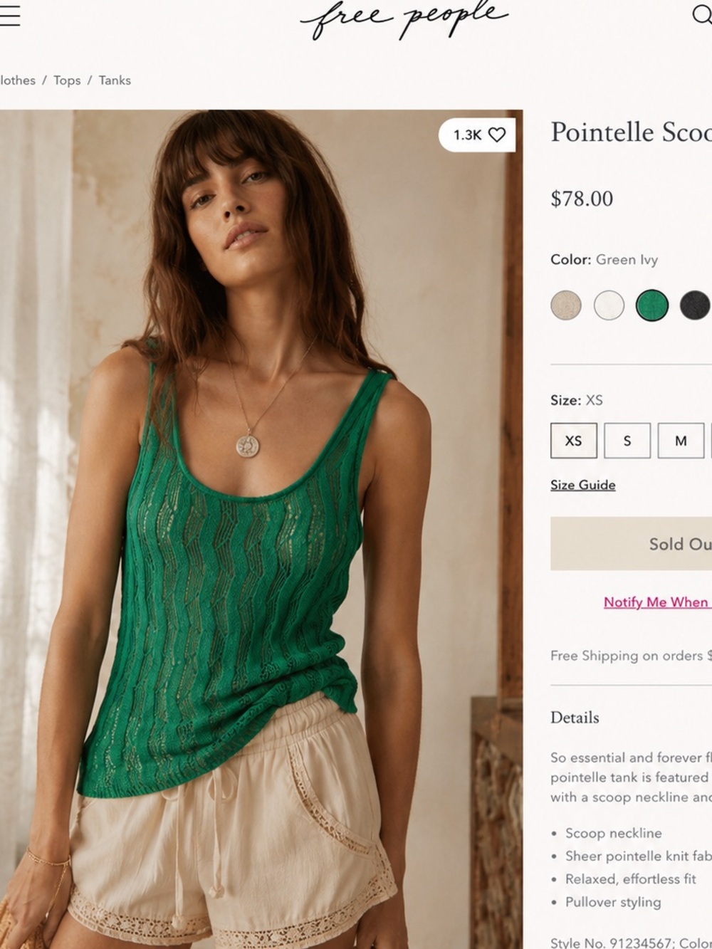 Free People Green Ivy Pointelle Scoop Tank